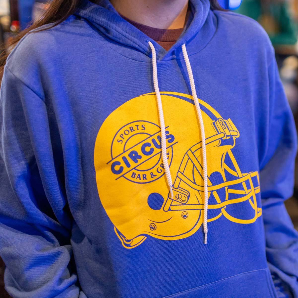 blue circus hoodie detail